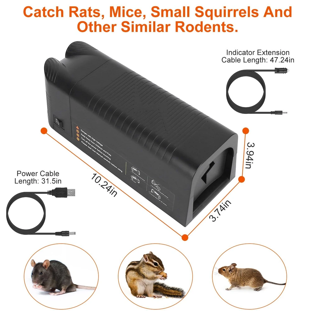 Black rodent trap designed to catch rats, mice, and small squirrels, featuring dimensions and power cable details, accompanied by images of a mouse and chipmunk.
