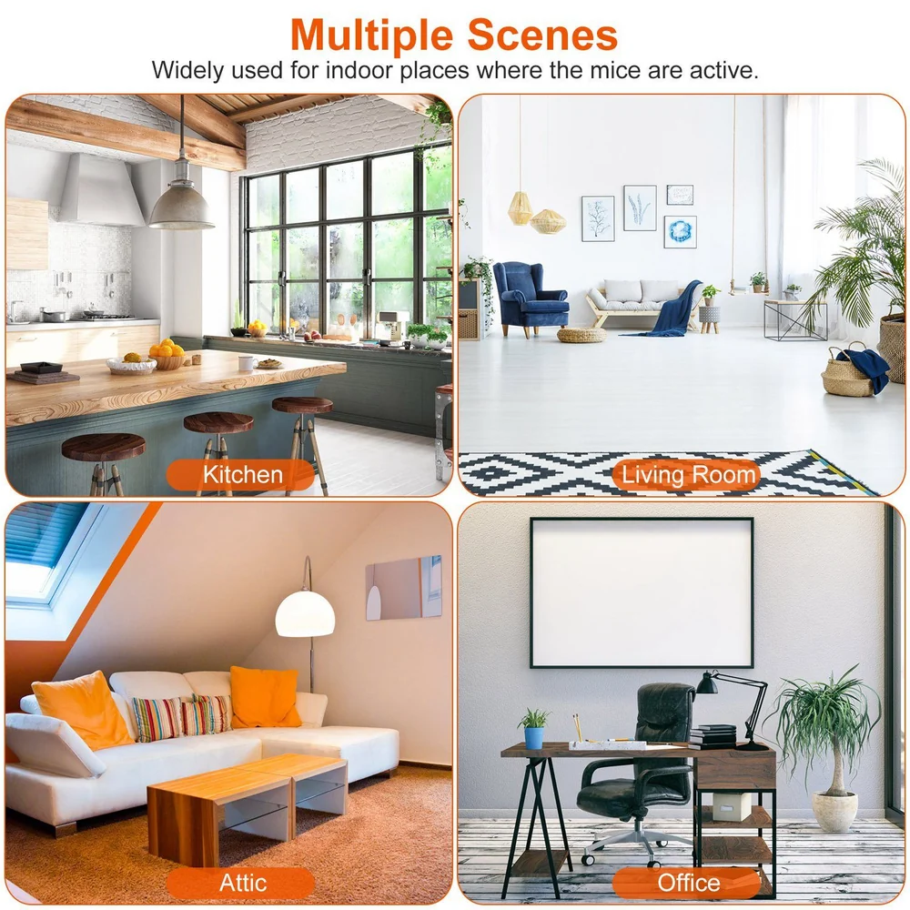 Collage of four indoor settings: a modern kitchen with a wooden island, a bright living room with blue chairs, an attic with cozy seating, and a stylish office with a desk, illustrating where a mouse product can be effectively used.