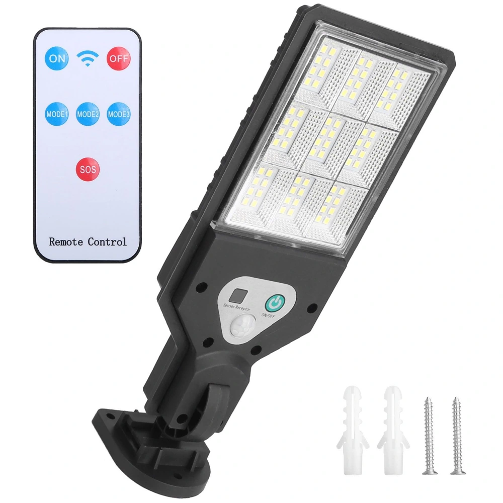 Remote-controlled solar LED street light with sensor, mounting bracket, and installation screws.