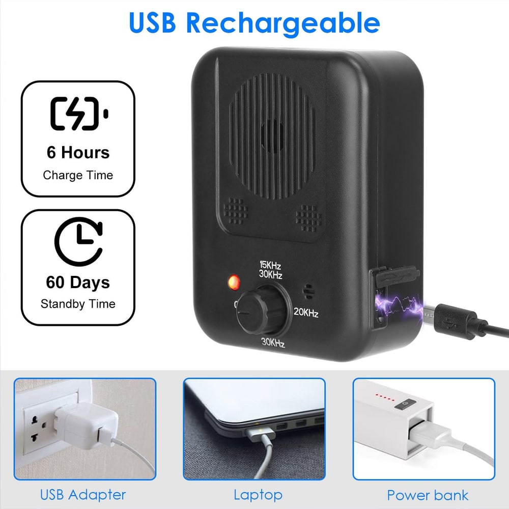 USB rechargeable pest repeller featuring a user-friendly control dial, indicator light, and charging options for USB adapter, laptop, and power bank.