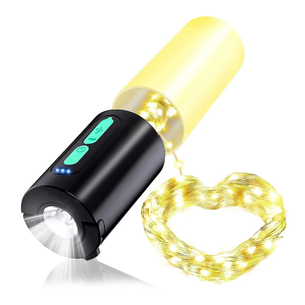 Portable LED flashlight with warm white fairy lights, featuring a sleek black design and easy-to-use controls.