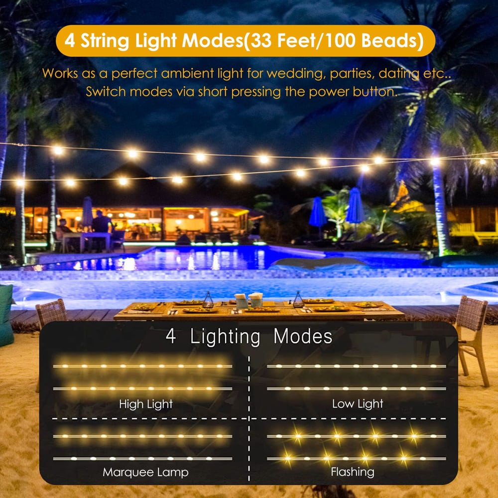 Outdoor string lights with four lighting modes, 33 feet long with 100 lights, perfect for weddings and parties, illuminating a serene poolside setting at night.