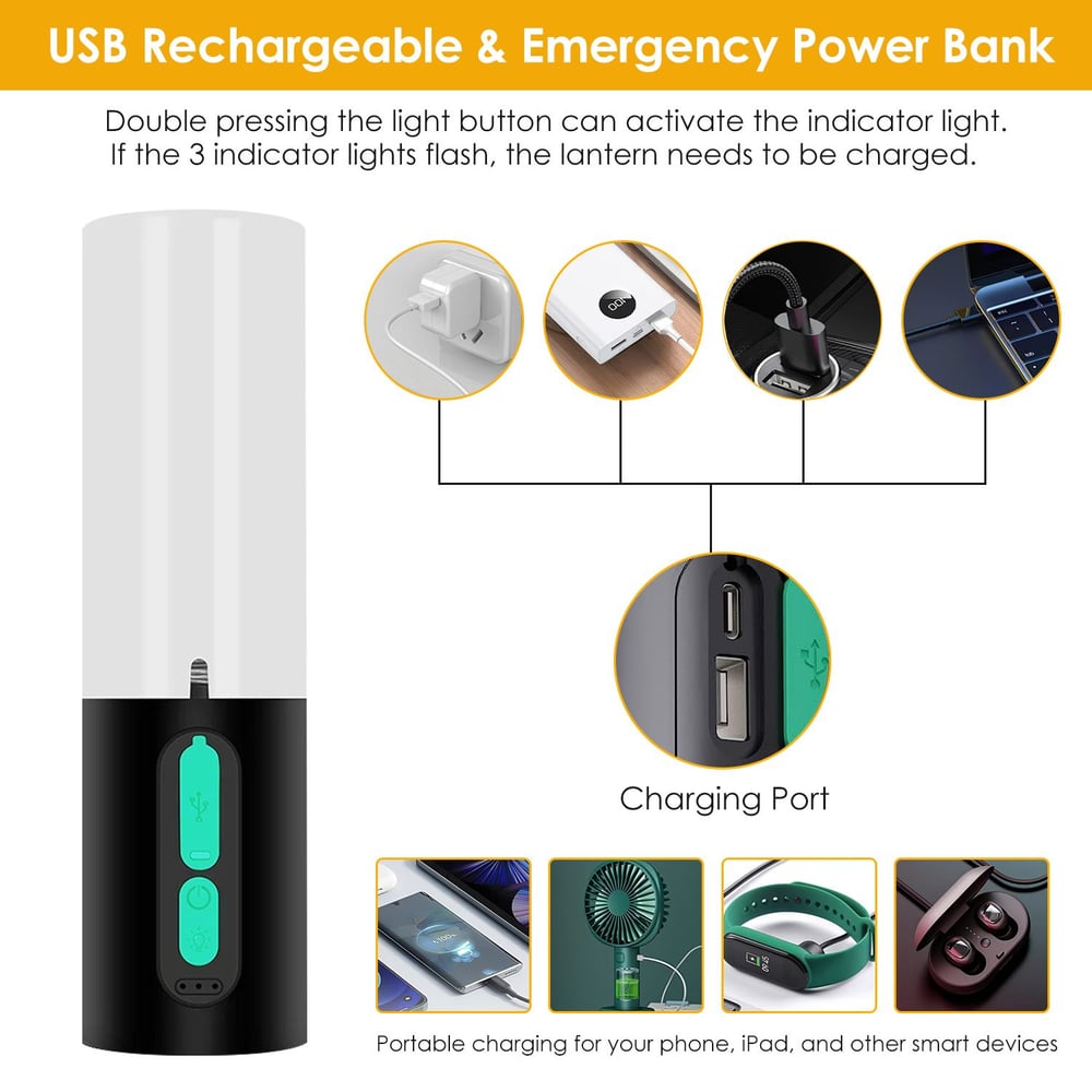 USB rechargeable lantern and emergency power bank with charging ports, featuring indicator lights and portable charging capability for smartphones and other devices.
