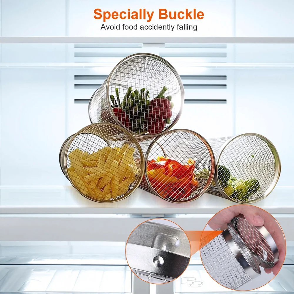 Stainless steel food storage baskets with specially designed buckles, filled with colorful vegetables and fries, organized in a refrigerator setting, promoting freshness and preventing spills.