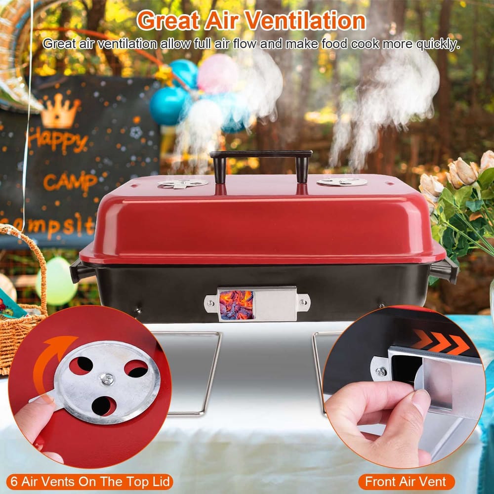 Portable outdoor grill with red top and multiple air vents for optimal ventilation, set in a nature-themed environment with colorful decorations in the background.