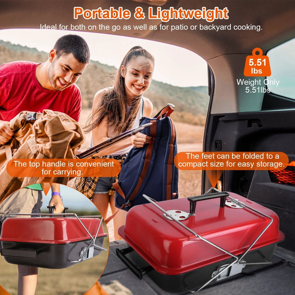 Portable and lightweight barbecue grill in red with a convenient top handle for easy carrying, showcasing compact design for storage and outdoor cooking.