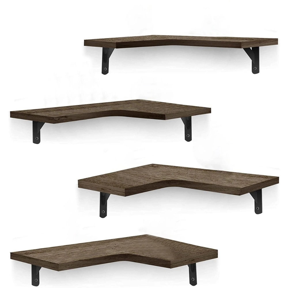 Four modern corner shelves with dark wood finish and black metal brackets, ideal for home décor and organization.