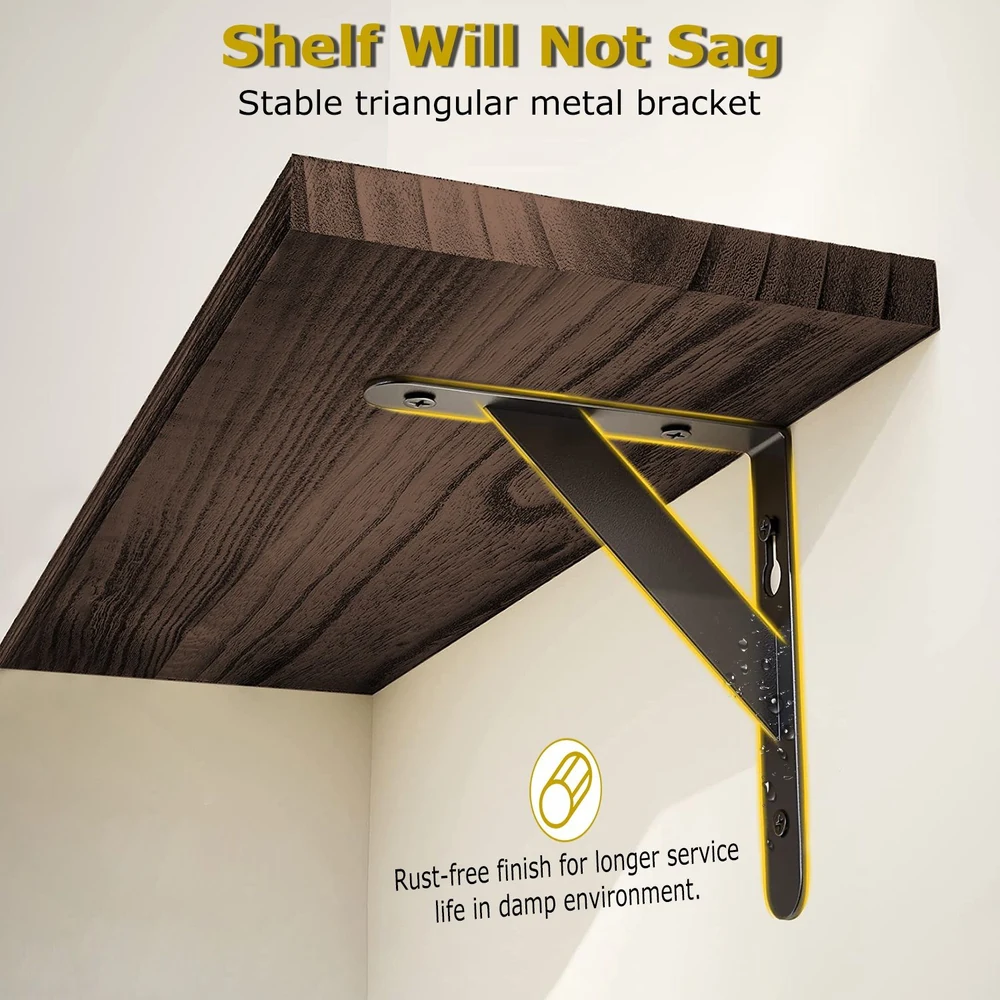 Stable triangular metal shelf bracket ensuring no sagging, featuring a rust-free finish for durability in damp environments.