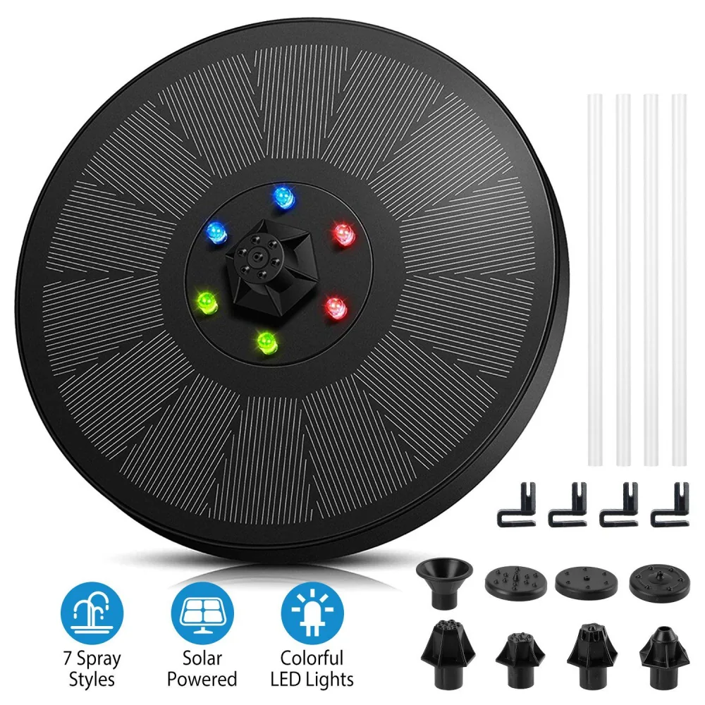 Solar-powered fountain with seven spray styles, featuring colorful LED lights and multiple nozzle attachments, designed for garden and pond decoration.