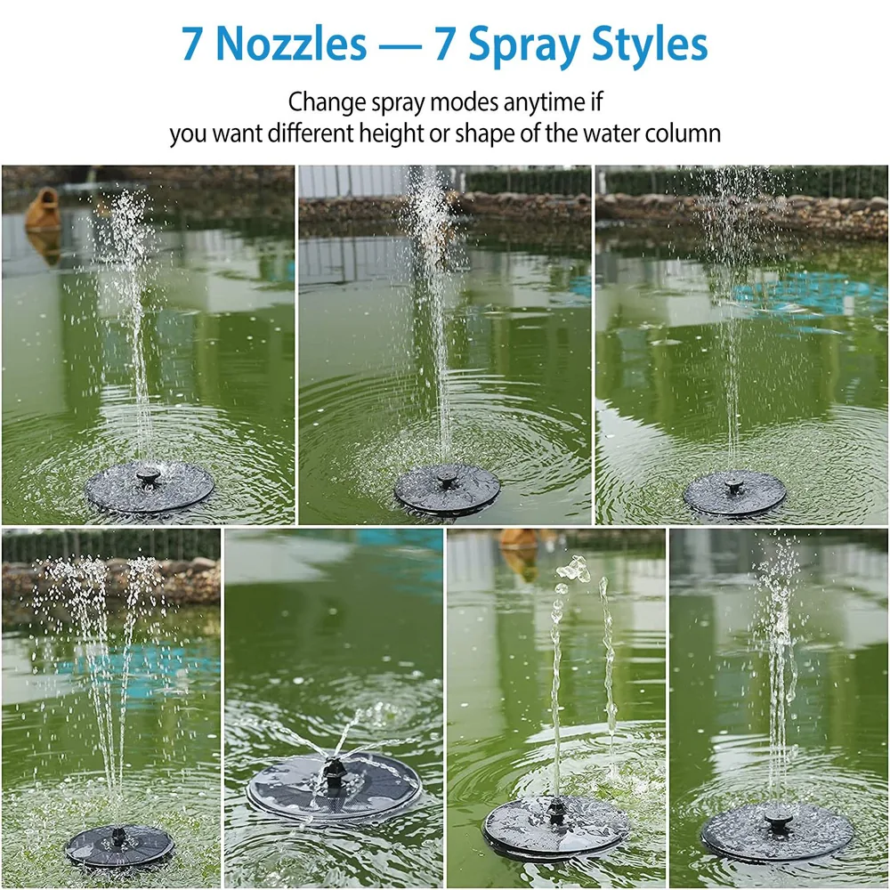 Solar fountain pump with 7 interchangeable nozzles showcasing various water spray styles in a garden pond setting.