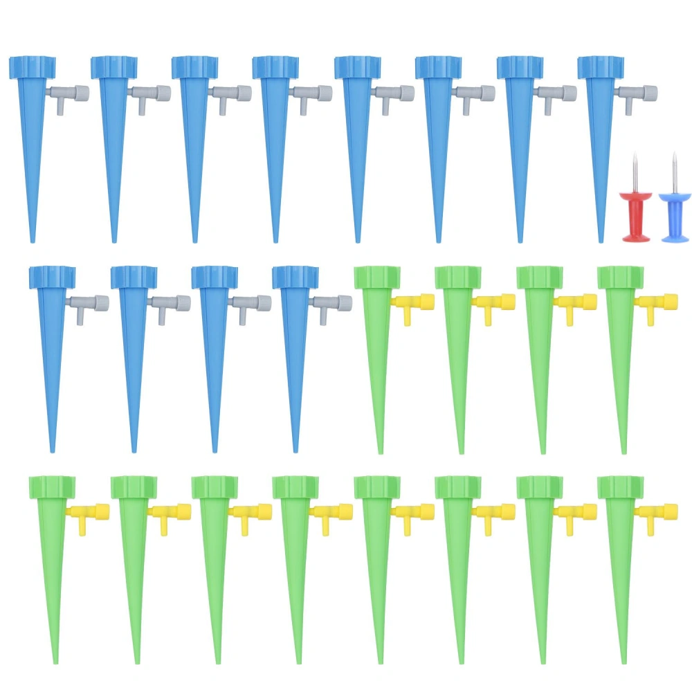 Colorful watering spikes in blue and green, designed for efficient plant irrigation, arranged in rows with included red and blue soil pokers.