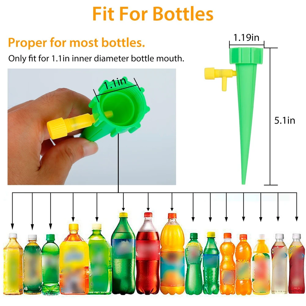 Green plastic bottle funnel with a 1.1-inch diameter grip, ideal for pouring liquids into standard-size bottles, alongside various soft drink bottles for size reference.
