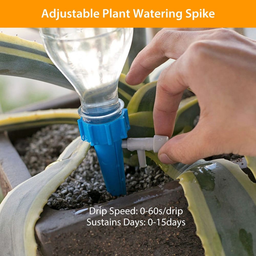 Close-up of an adjustable plant watering spike, featuring a hand adjusting the drip speed, designed for efficient plant hydration using a water bottle, suitable for indoor or outdoor use.