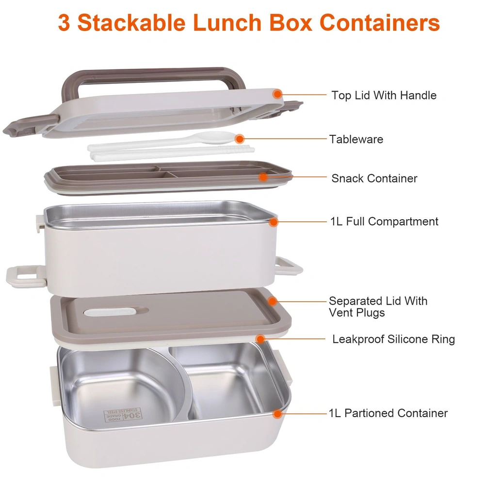 Stackable lunch box set featuring three containers: a top lid with handle, a snack container, and two compartments, including a 1L full compartment and a 1L partitioned container, designed with a leakproof silicone ring and vent plugs for convenience.