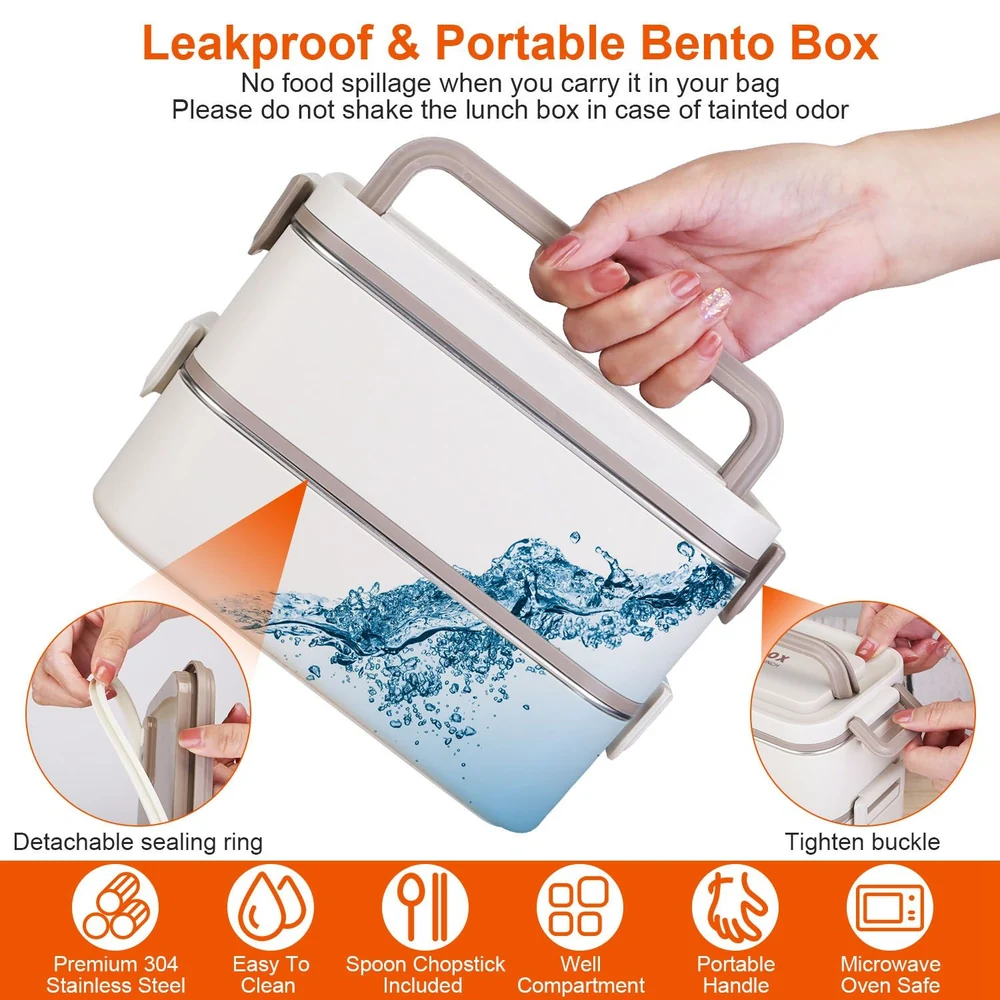 Leakproof and portable bento box with detachable sealing ring, featuring a convenient handle, well-compartmentalized design, included spoon and chopstick, and made of premium 304 stainless steel for easy cleaning and microwave safety.
