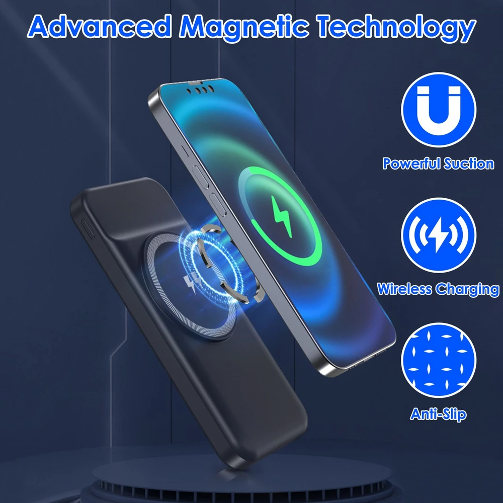 Advanced magnetic wireless charger image showcasing powerful suction technology, anti-slip design, and efficient charging, featuring a phone and charging pad with dynamic blue and green lighting effects.