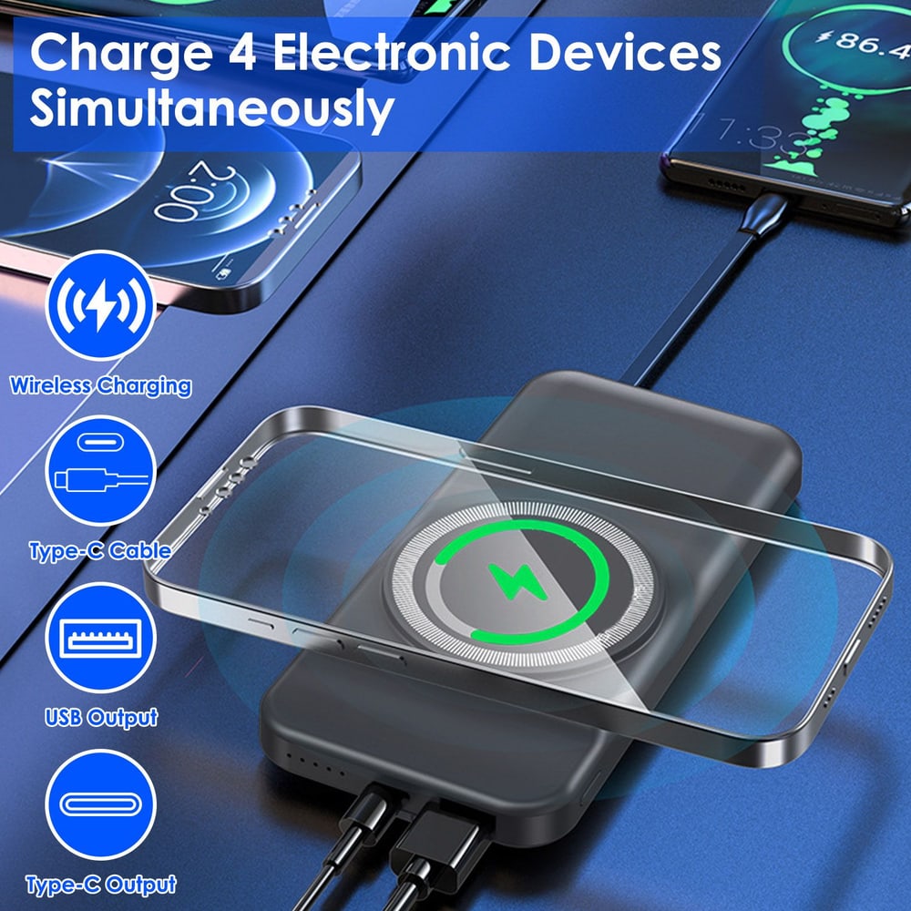 Wireless charger showing four devices charging simultaneously with Type-C and USB outputs visible, emphasizing fast, multi-device charging capability.