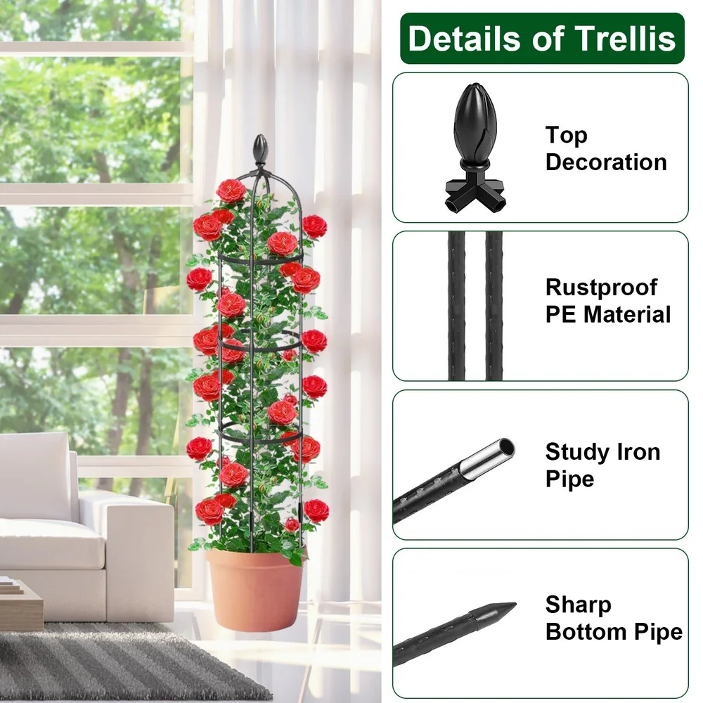 Indoor decorative trellis with climbing red roses, featuring a stylish design, rustproof PE material, sturdy iron pipes, and a sharp bottom pipe for easy installation, set in a modern living room environment.