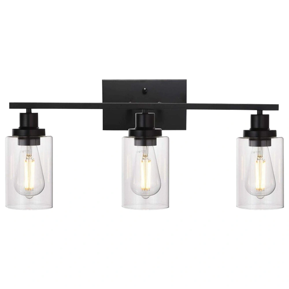 Three-light wall sconce with clear glass shades and a black metal frame, perfect for modern home decor and stylish illumination.