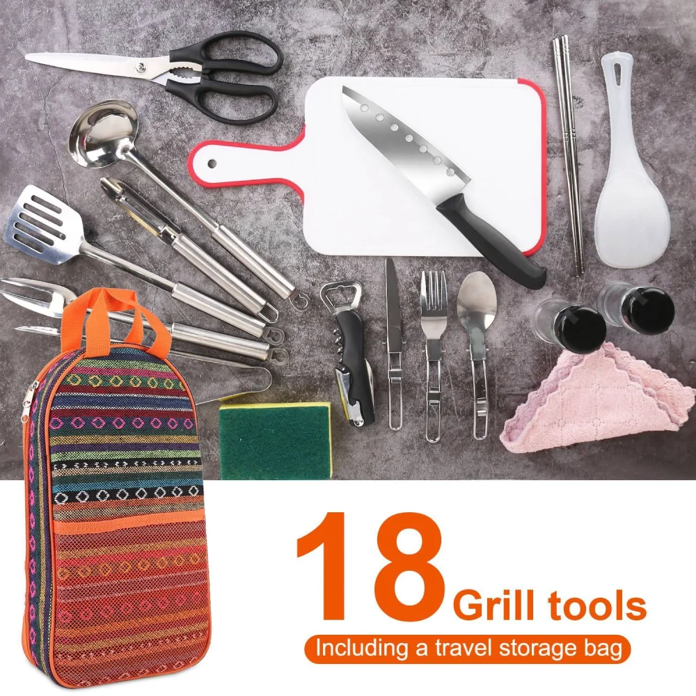 18-piece grill tool set including a colorful travel storage bag, stainless steel utensils, a cutting board, and various kitchen tools laid out on a gray surface.