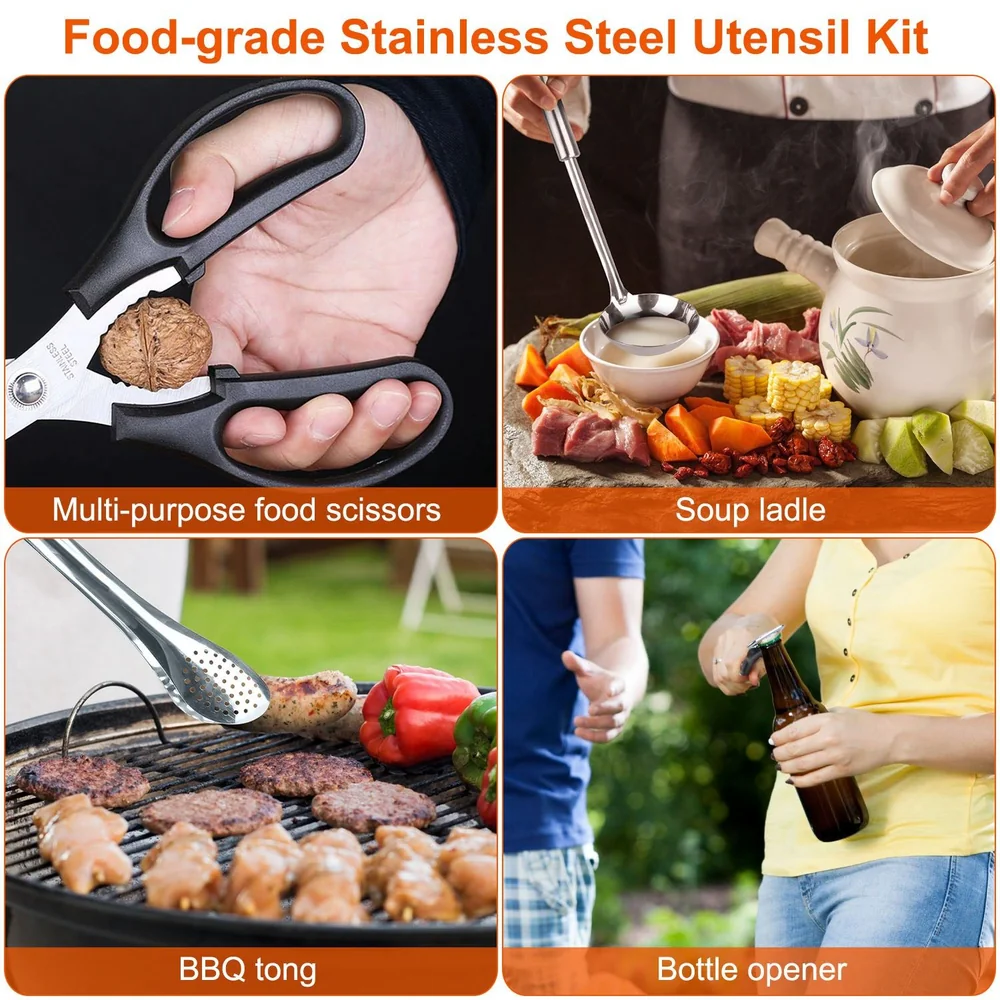 Food-grade stainless steel utensil kit featuring multi-purpose scissors, a soup ladle, BBQ tongs with grilling meat, and a bottle opener being used outdoors.