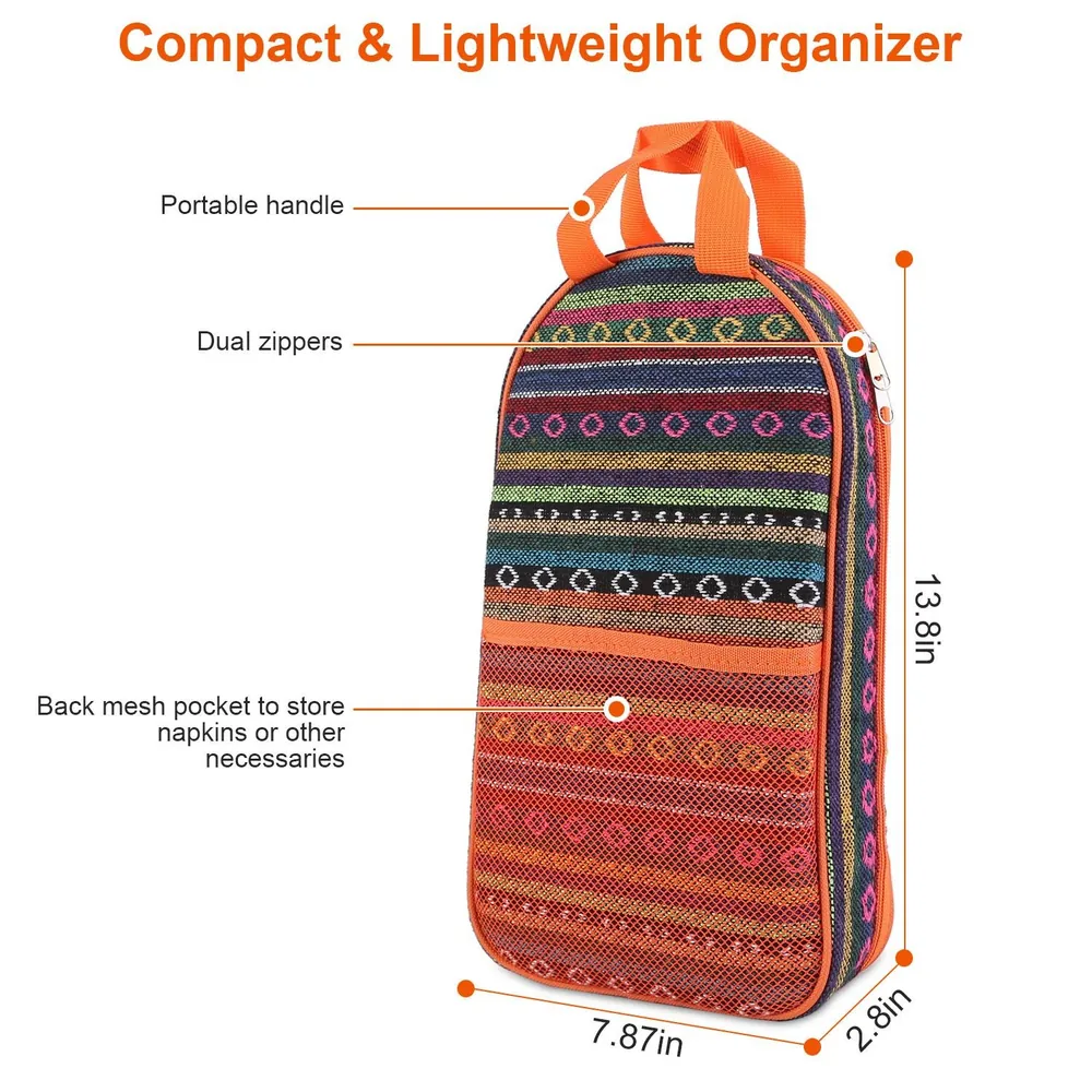 Colorful portable organizer bag featuring a dual zipper design, handy carrying handle, and a back mesh pocket for napkins, measuring 13.8 inches tall, 7.87 inches wide, and 2.8 inches deep.