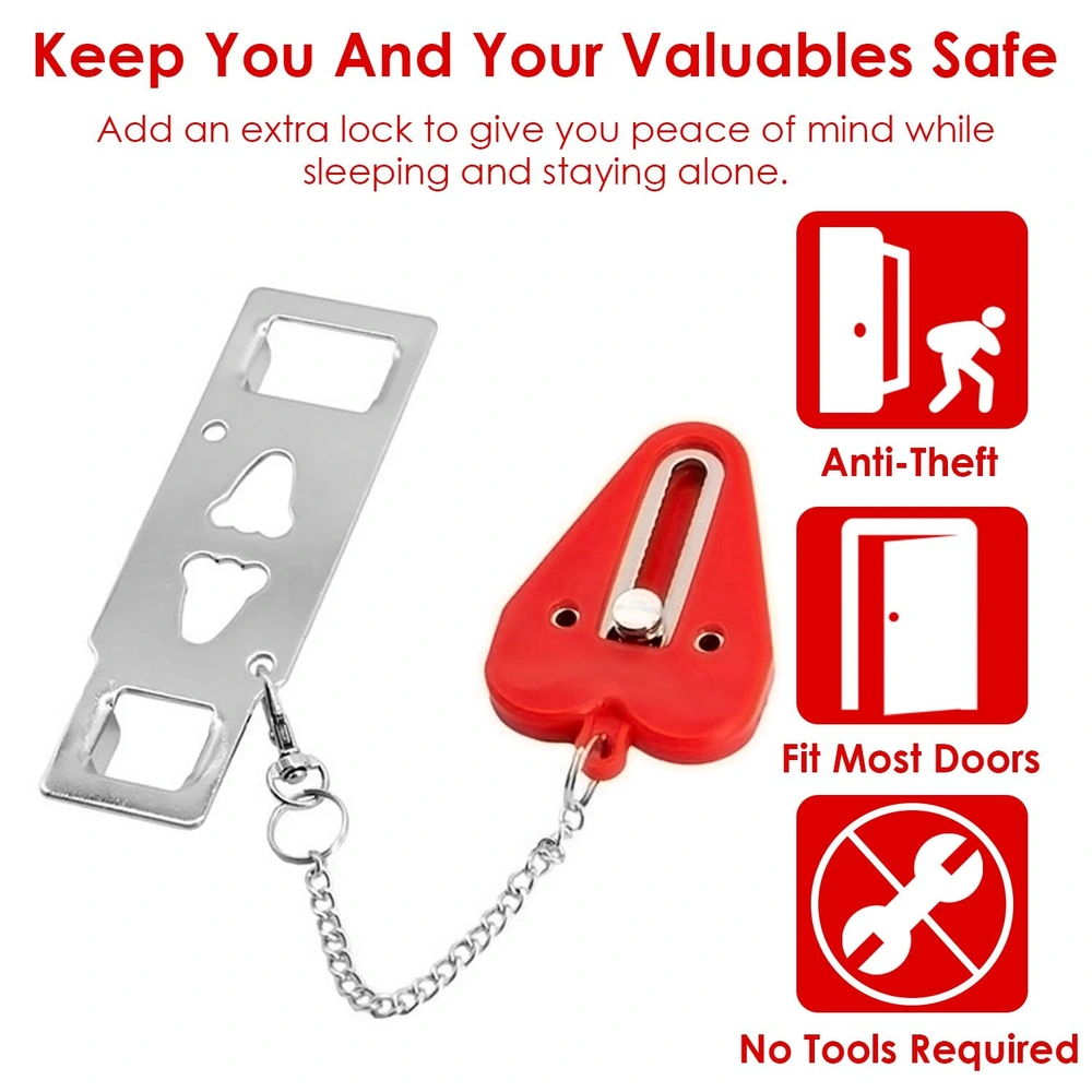 Extra security door lock, red and silver, designed for anti-theft protection, fits most doors, and requires no tools for installation.