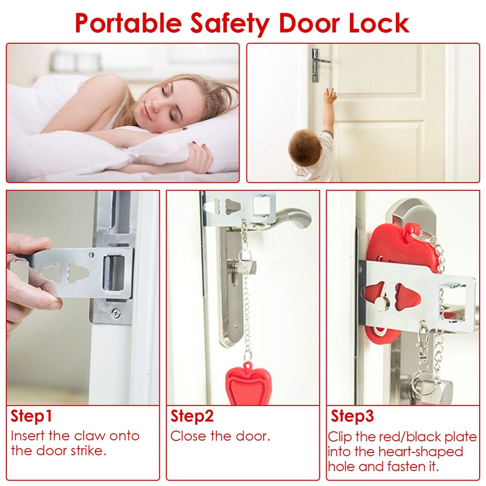 Portable safety door lock installation guide with step-by-step images, including a child reaching for a door, demonstrating ease of use and security features.