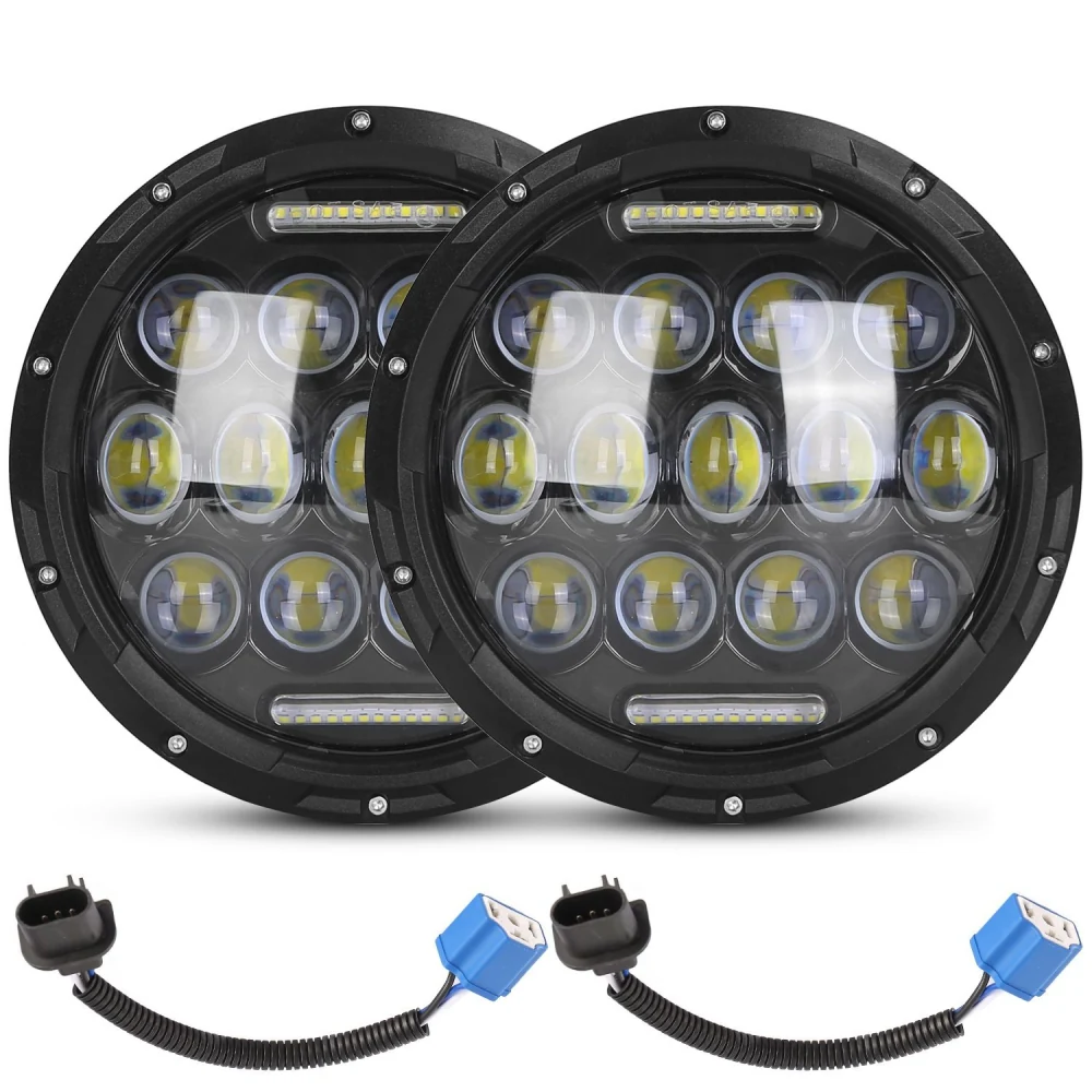 Round LED headlight set with advanced optics, featuring 12 powerful LEDs in each light, designed for motorcycles and off-road vehicles, including wiring connectors.