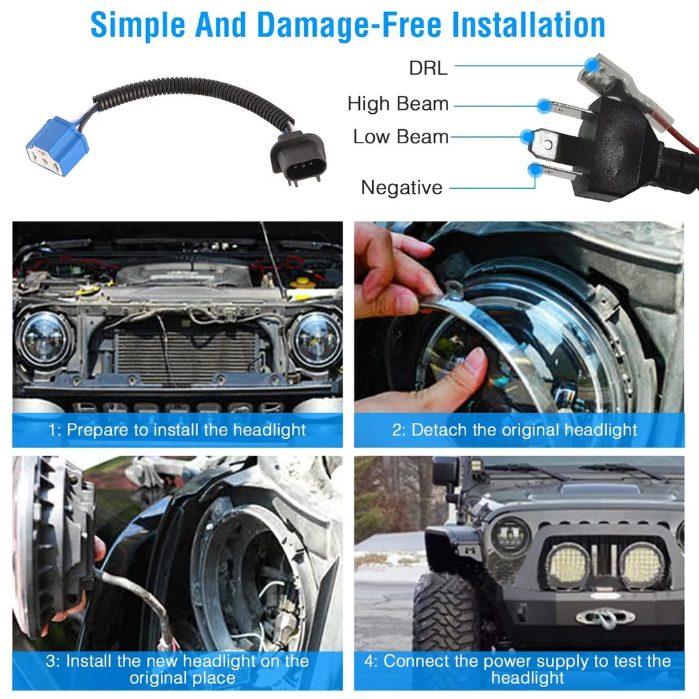 Installation guide for a vehicle headlight, showing four steps: preparing to install, detaching the original headlight, installing the new headlight, and connecting the power supply to test the headlight.