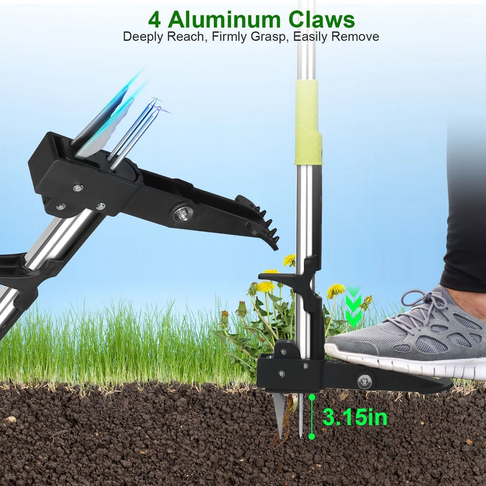 Aluminum claw garden weeding tool with four claws for deep grasping and easy removal of weeds, featuring a foot pedal for user convenience on soil with grass and wildflowers in the background.