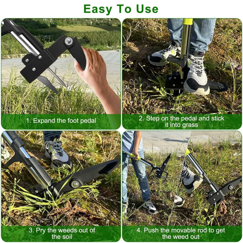Instructions for using an easy-to-use weed puller tool, featuring a hand expanding the foot pedal, stepping on the pedal to insert into grass, prying weeds from the soil, and pushing the movable rod to remove weeds, set against a green outdoor background.