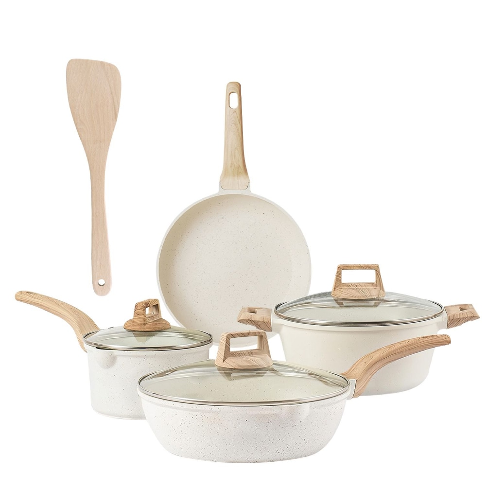 Set of four stylish ceramic cooking pots with wooden handles and a matching wooden spatula, including a frying pan, a saucepan, and a casserole dish with glass lids.