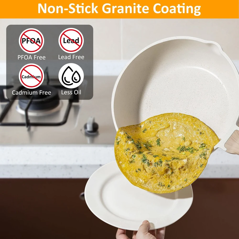 Non-stick granite frying pan effortlessly flipping an egg onto a white plate, highlighting its PFOA, lead, and cadmium-free properties for healthier cooking.