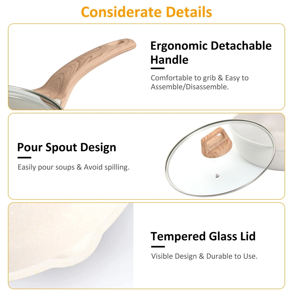 Alt tag for product image showcasing a cooking pot with an ergonomic detachable handle, pour spout design, and tempered glass lid for easy use and functionality.