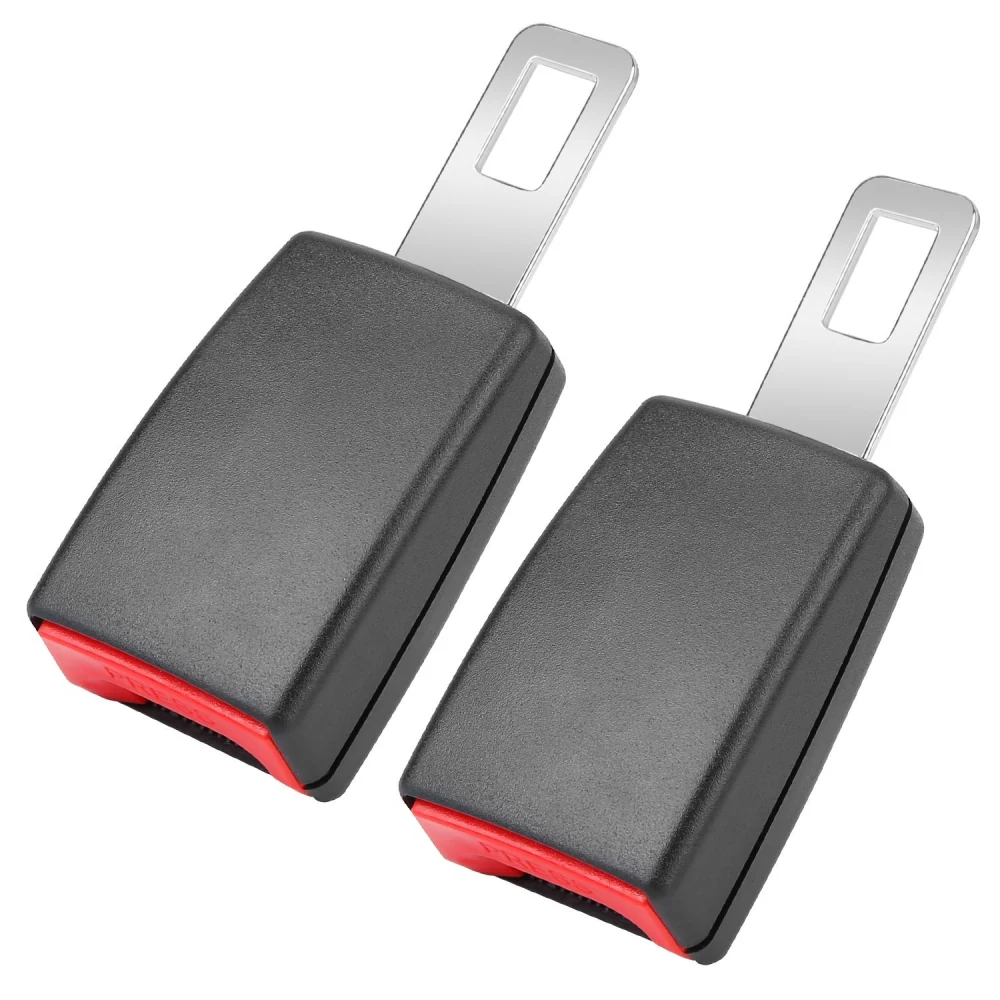 Pair of black car seat belt buckles with a red release button and metal latch for secure fastening and safety.