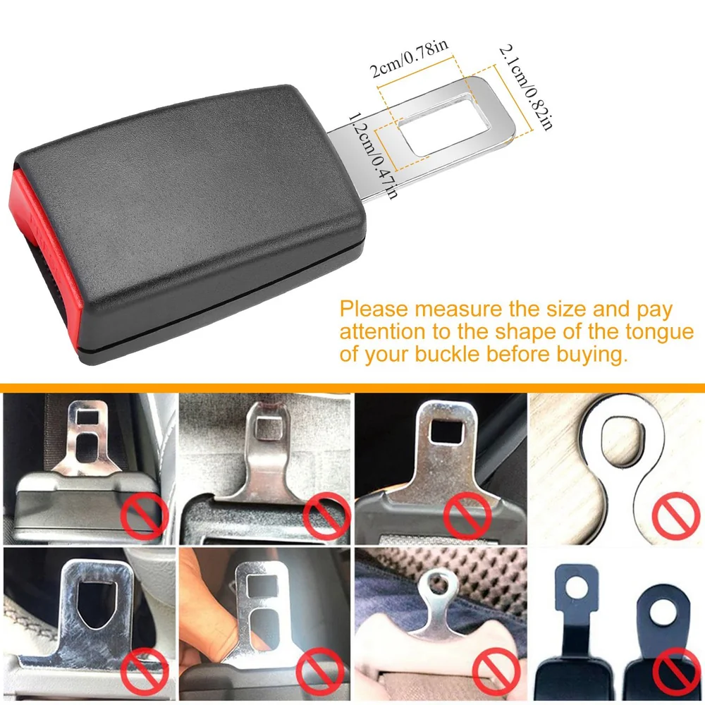 Car seat belt buckle adapter with measurement guide and compatibility warnings for various buckle shapes.