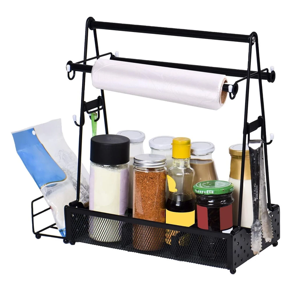 Black kitchen spice rack organizer with roll holder, featuring assorted jars and bottles, including spices and cooking oils.