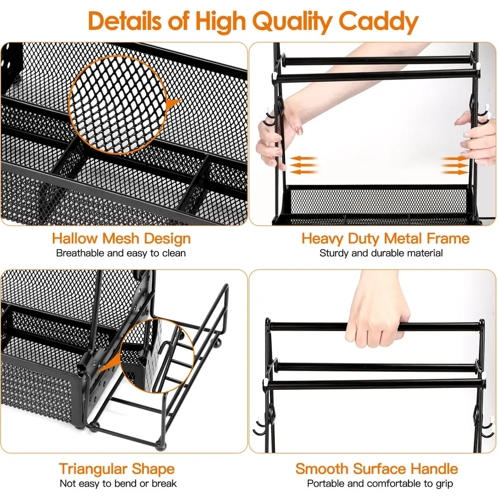 Image showcasing the features of a high-quality caddy, including its hallow mesh design for breathability, sturdy heavy-duty metal frame, triangular shape for stability, and smooth surface handle for comfortable portability.