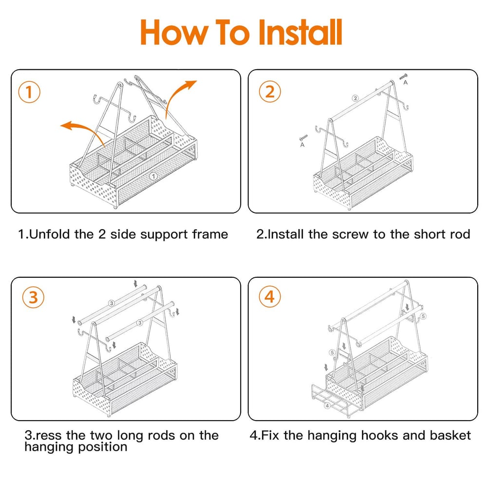 Installation guide with step-by-step illustrations for setting up a hanging storage basket with side support frames, including instructions for securing rods and hooks.