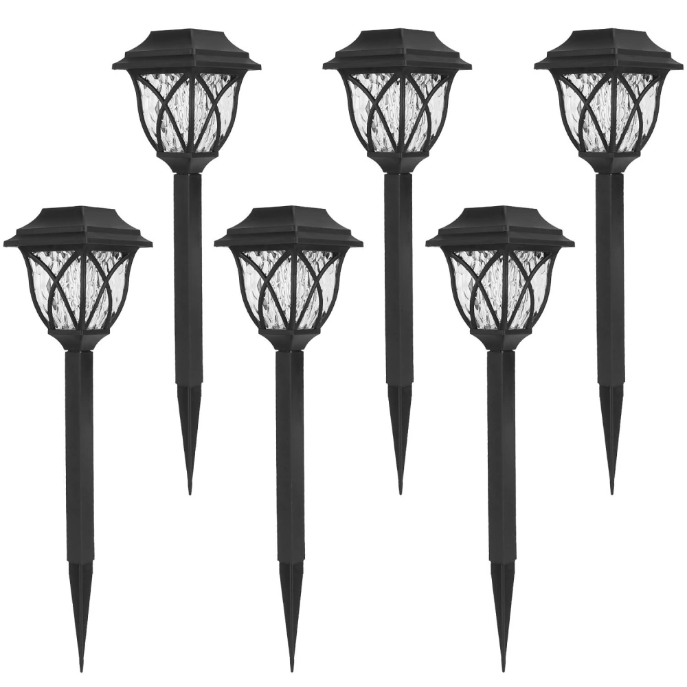 Set of six outdoor solar pathway lights with black finish and decorative glass lantern design.