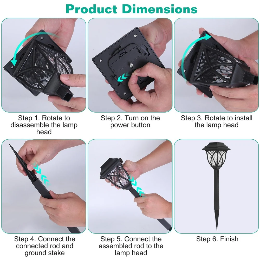Step-by-step guide for assembling a solar garden lamp, showing hand motions and parts including a disassembled lamp head, power button, and connection of the rod and ground stake.