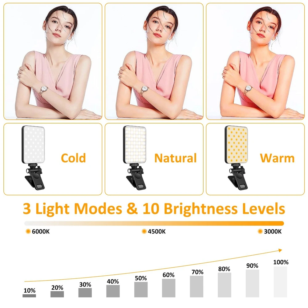 LED clip-on light with three light modes (cold, natural, warm) and ten brightness levels, demonstrated by a woman in a pink top, showcasing adjustable lighting options for various settings.