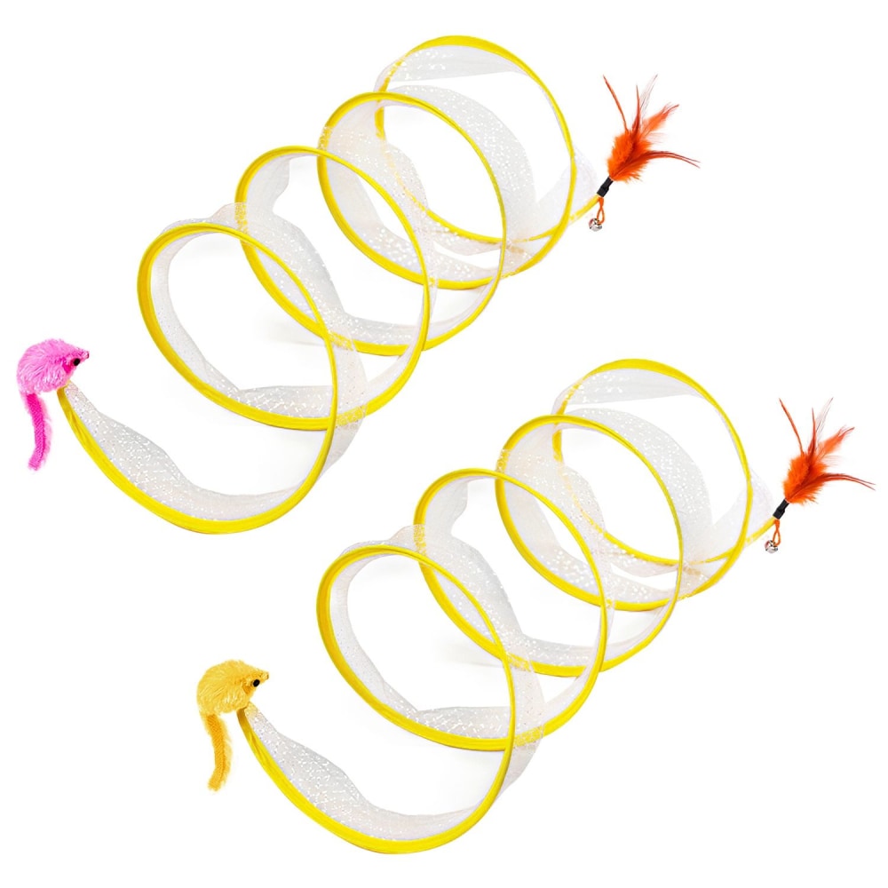 Colorful spiral cat toy featuring two playful mice and feather attachments in pink and yellow, designed to stimulate feline activity and engagement.