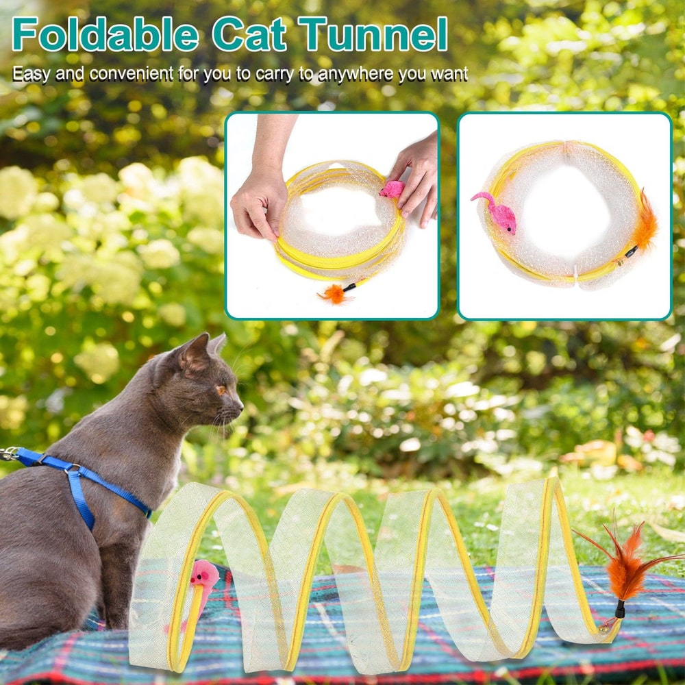 Foldable cat tunnel in vibrant yellow, designed for easy portability, with playful attachments, showcasing a curious gray cat exploring the outdoor setting.
