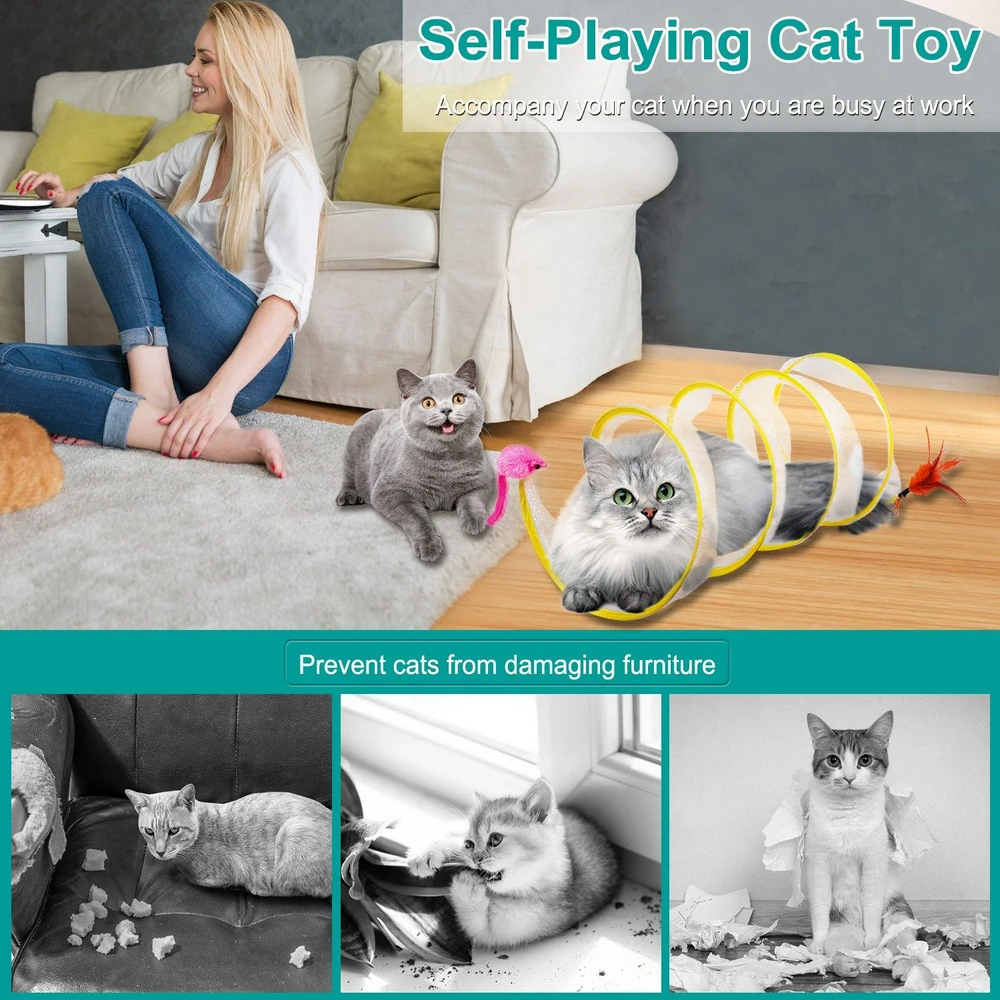 Self-playing cat toy designed for indoor cats, featuring two playful gray cats engaged with colorful toys, while a woman works on her laptop, highlighting its function to entertain cats and prevent furniture damage.
