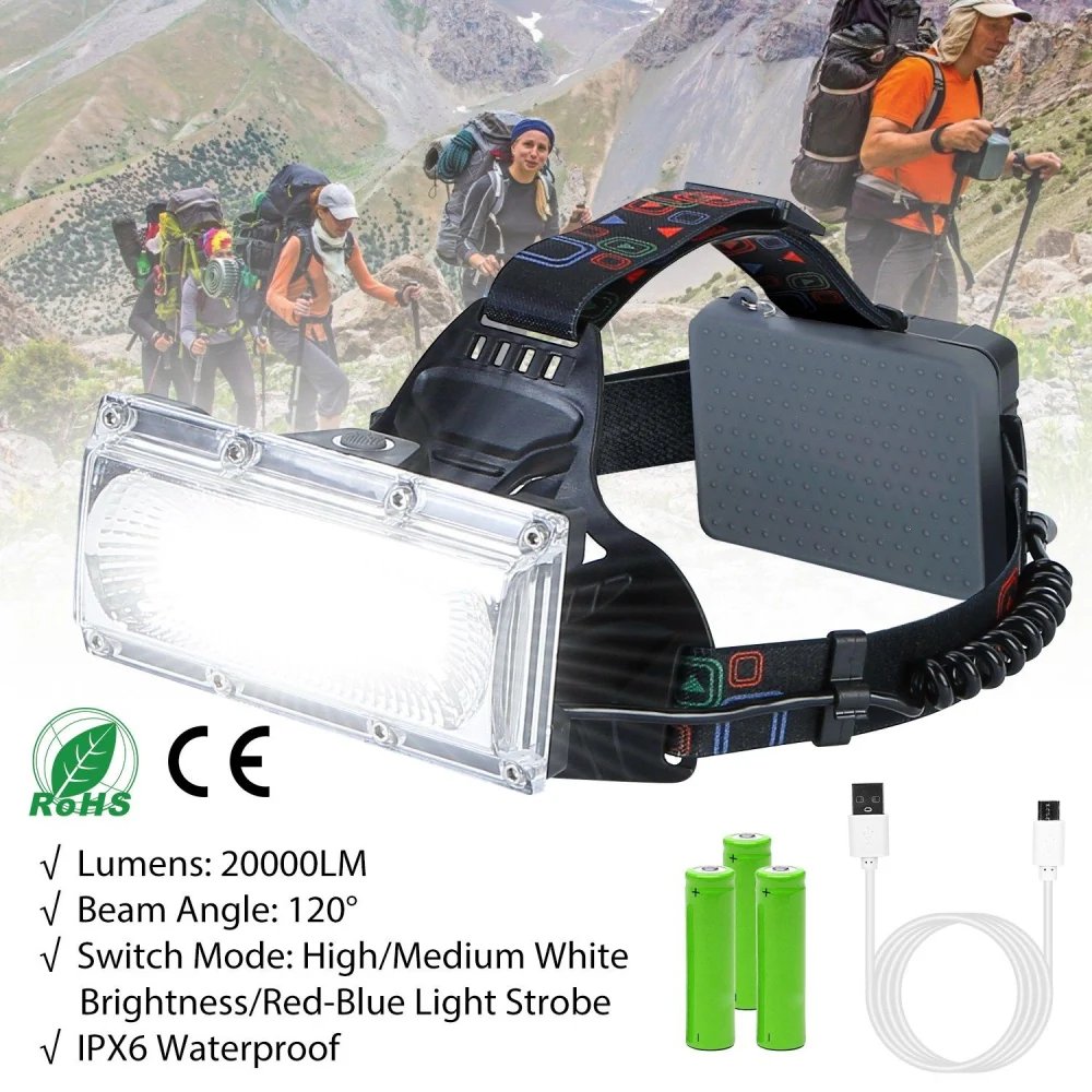 High brightness LED headlamp with 20000 lumens, 120° beam angle, multiple light modes, waterproof design, and rechargeable batteries, ideal for outdoor activities and camping.