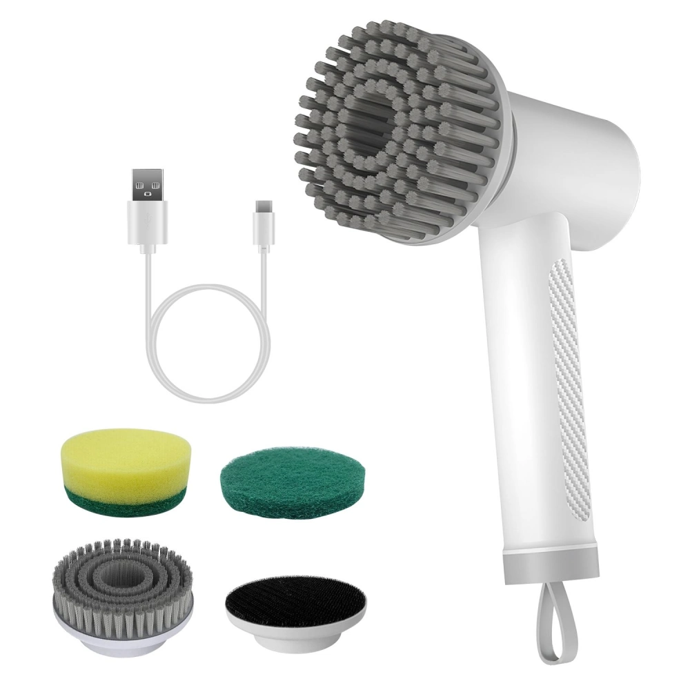 Electric cleaning brush set with multiple interchangeable brush heads, USB charging cord, and ergonomic handle for efficient cleaning.