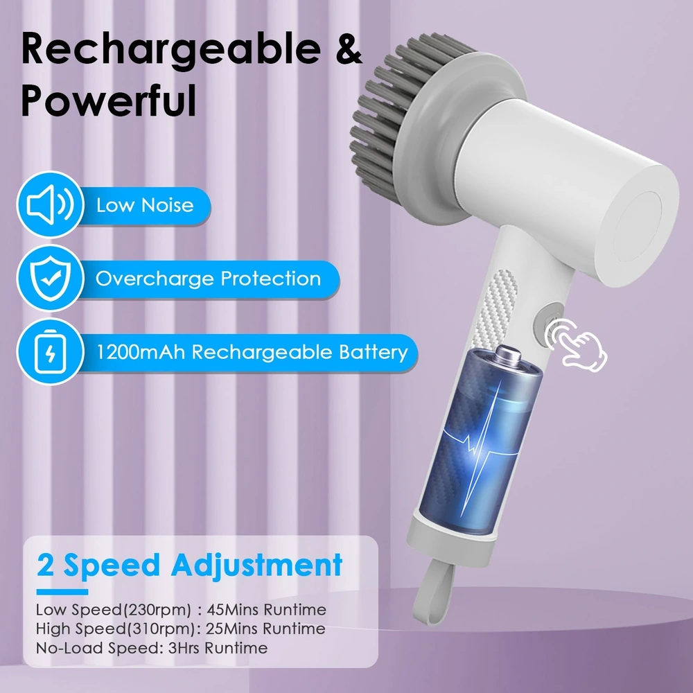 Rechargeable handheld device with a 1200mAh battery, featuring low noise operation, overcharge protection, and two adjustable speed settings for versatile use.