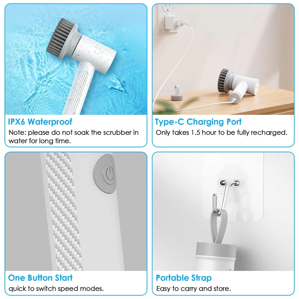 Electric scrubber features waterproof design, Type-C charging port, one-button operation, and portable strap for easy use and storage.